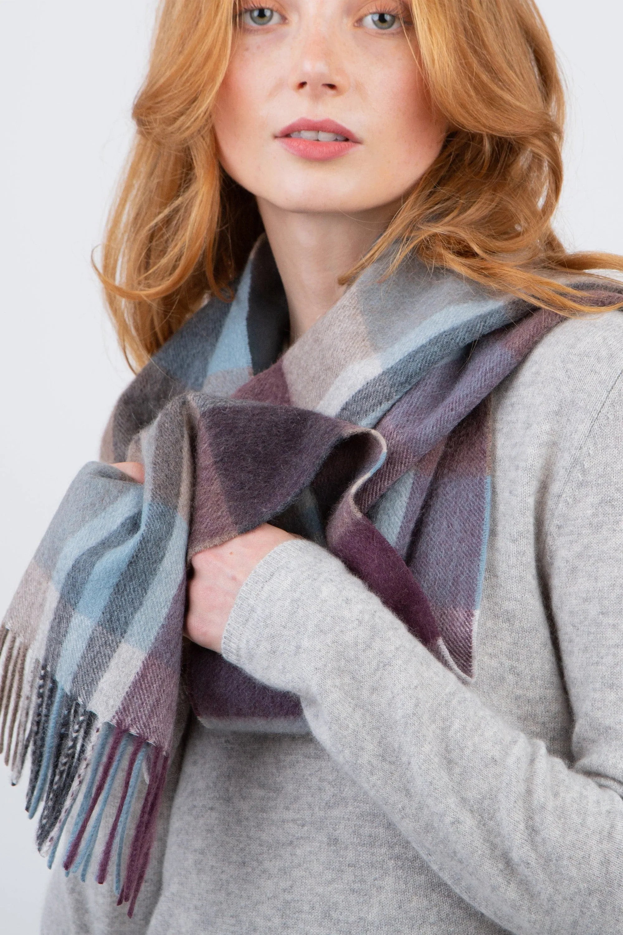 Square Check Cashmere Wide Scarf - Damson