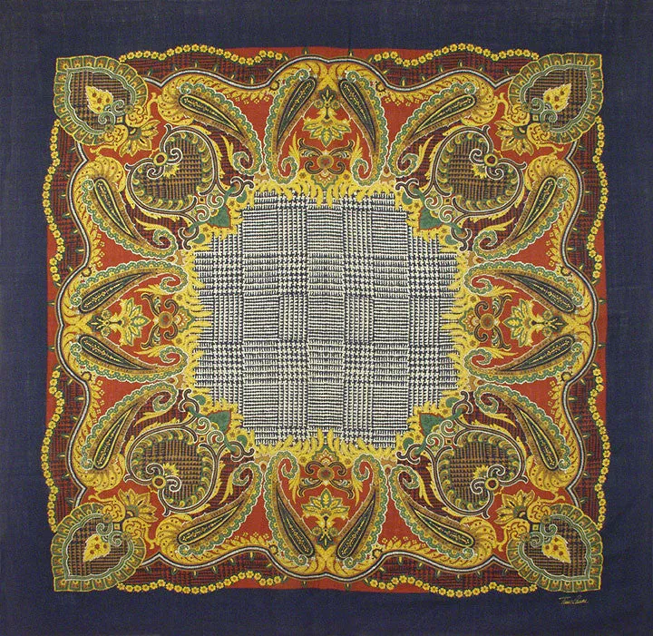 Tino Lauri - Navy & Gold Paisley Houndstooth 46" x 46" 100% Wool Shawl 21