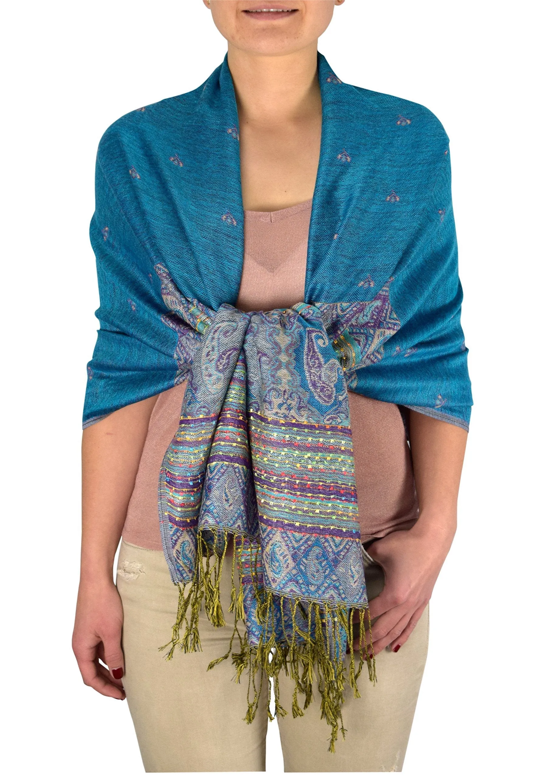 Turquoise Ethnic Design Tribal Border Reversible Bohemian Pashmina Shawl Scarf Stole Wrap