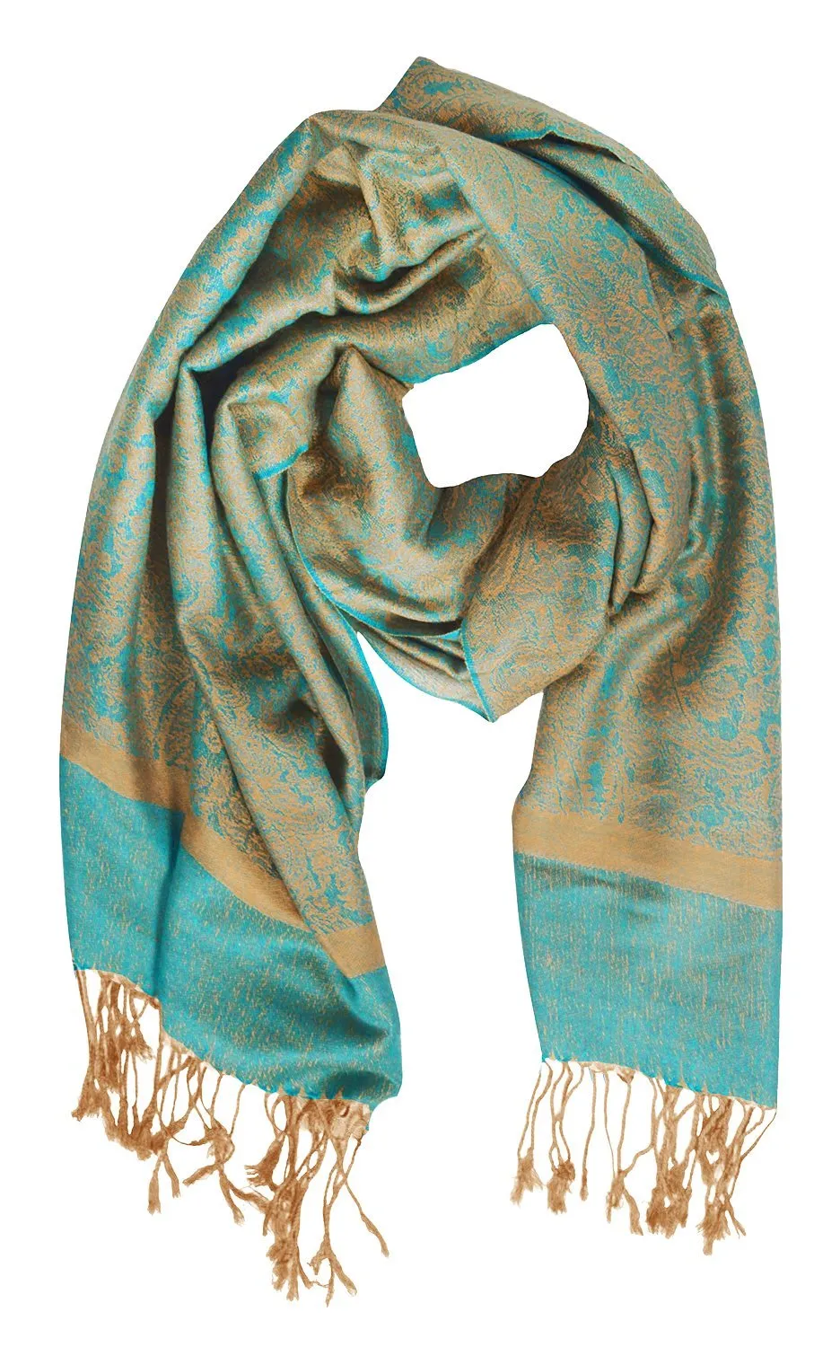 Turquoise/Gold Elegant Vintage Jacquard Paisley Feel Shawl Wrap Scarf Turquise & Gold