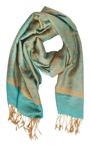 Turquoise/Gold Elegant Vintage Jacquard Paisley Feel Shawl Wrap Scarf Turquise & Gold